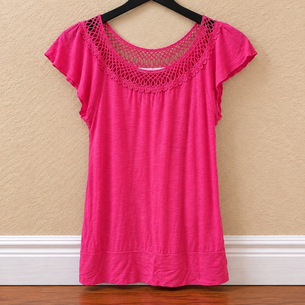 Robins Nest Maternity Top Medium‎ Pink Crochet Lace Boho Peasant Blouse